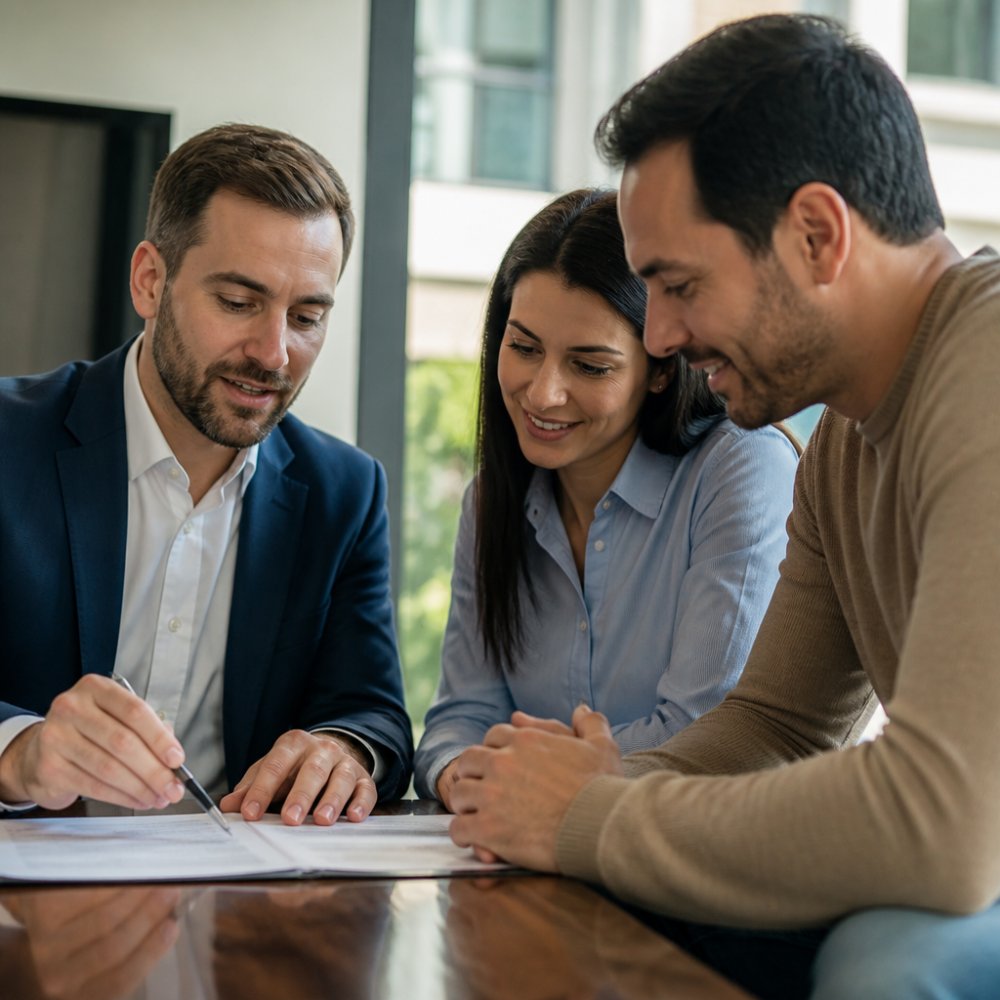 Real estate professional reviewing property documents and market analysis with a couple in a modern office setting, collaborative consultation with natural lighting