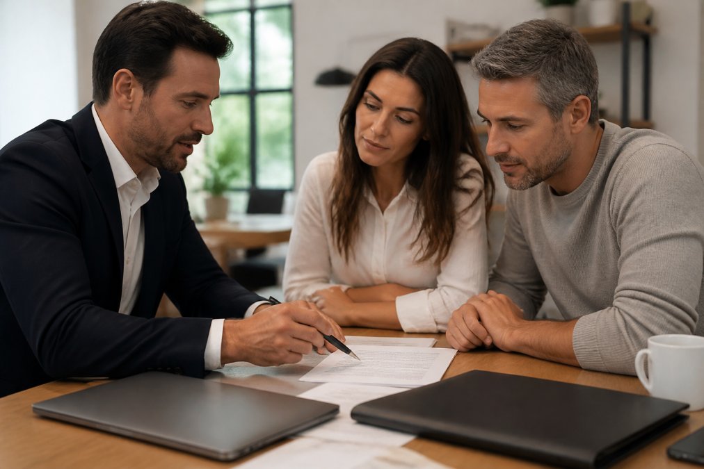 Real estate advisor and clients reviewing property documents and market analysis at a wooden desk with laptop, tablet, and property listing sheets visible in natural office lighting