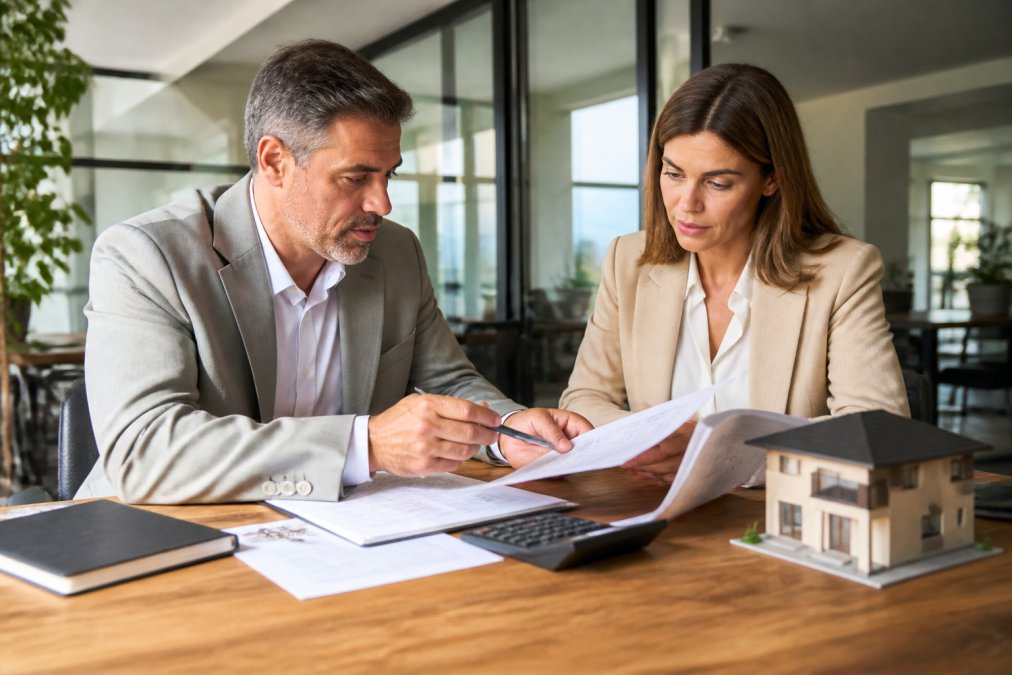 Professional real estate agent and investor reviewing property documents and financial statements at a desk with calculator and laptop in modern office setting with natural lighting