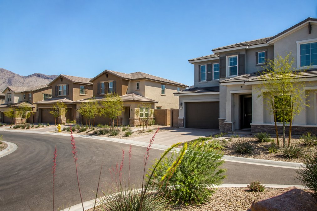 Modern residential neighborhood in the East Valley showing new construction homes with desert landscaping, community amenities, and wide streets under bright Arizona sunlight