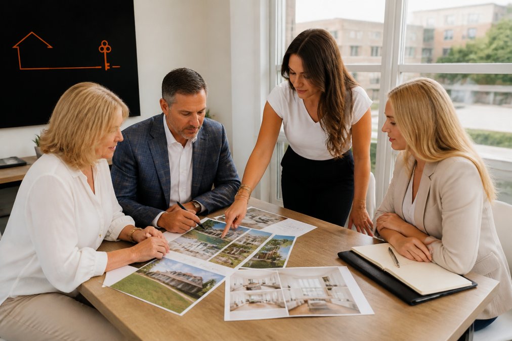 The Mills Team collaborating on real estate marketing Charleston strategies in a modern office space