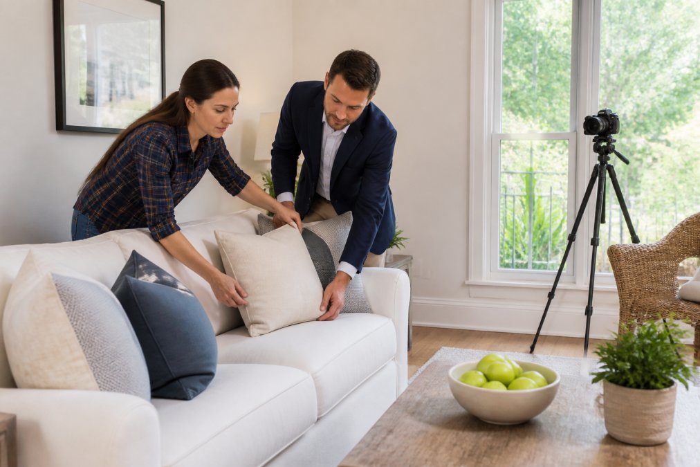 Real estate agent and homeowner staging a bright living room for professional real estate marketing photos
