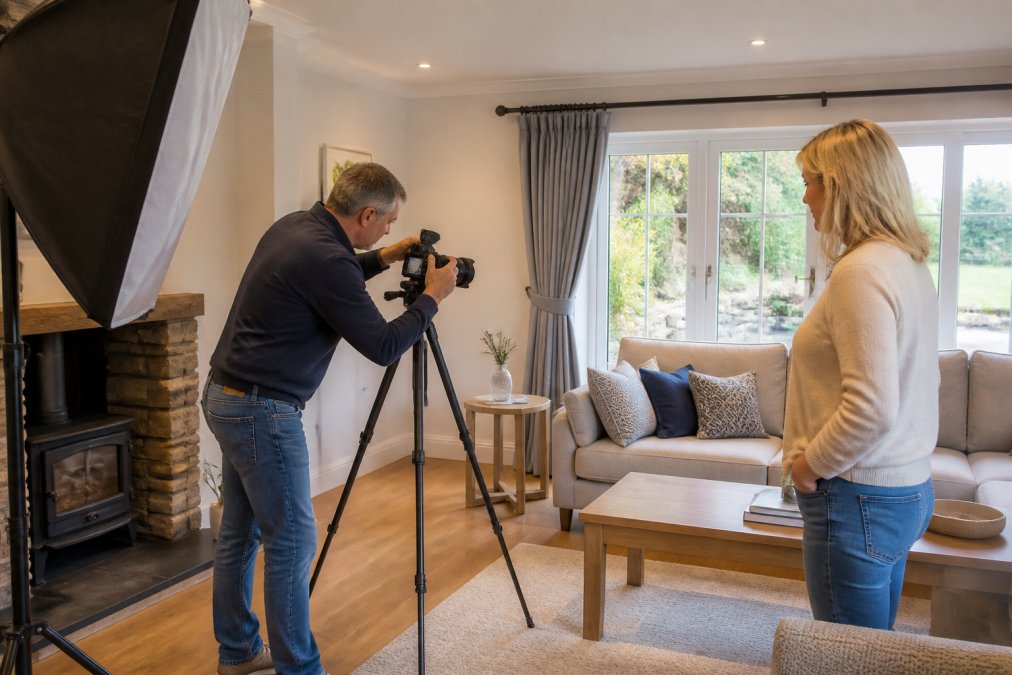 Professional photographer setting up lighting equipment and positioning a wide-angle lens in a bright residential living room, with the property owner observing the careful setup process