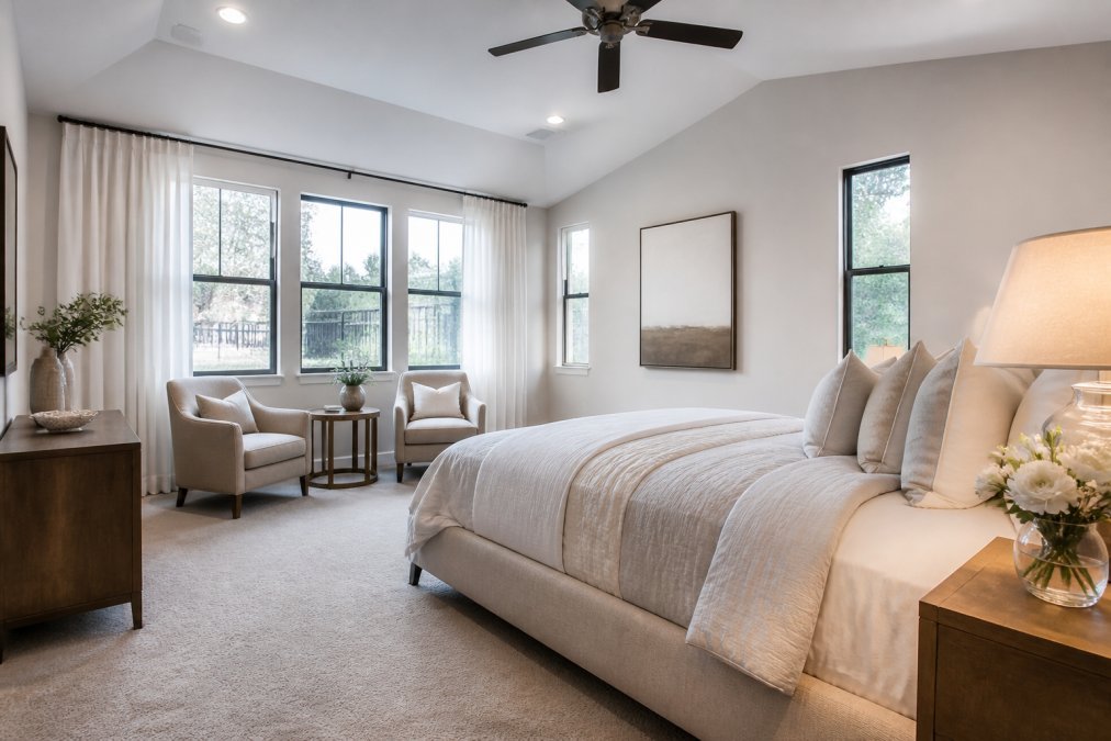 Bright, well-lit master bedroom with natural light streaming through clean windows, neatly made bed with quality linens, staged furniture arranged for visual flow, and fresh flowers on nightstand