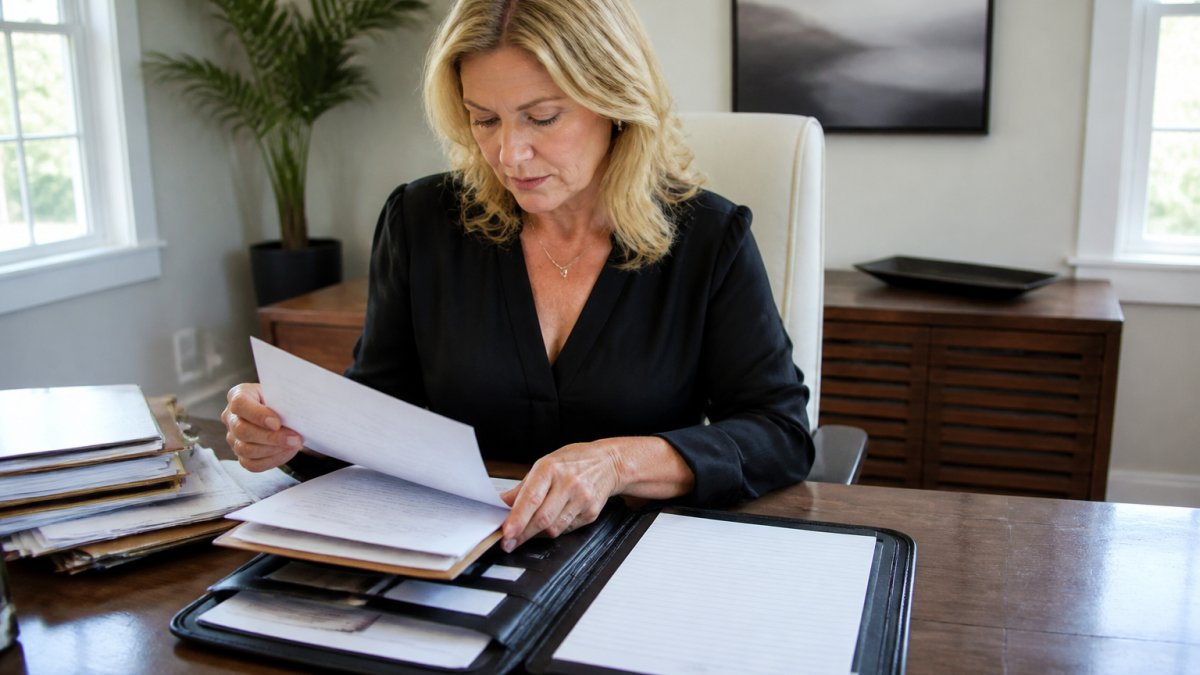 Real estate professional reviewing client documents and credentials at a wooden desk in a bright, modern office with natural light streaming through windows