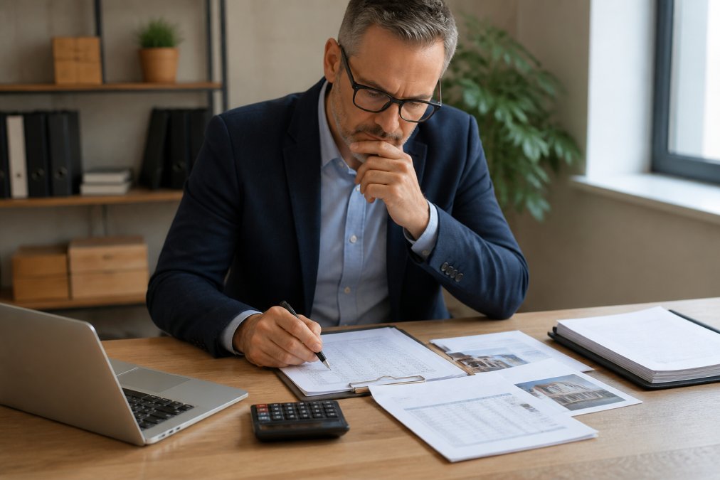 A financial advisor reviewing property investment documents with a calculator and laptop at a clean, well-lit desk