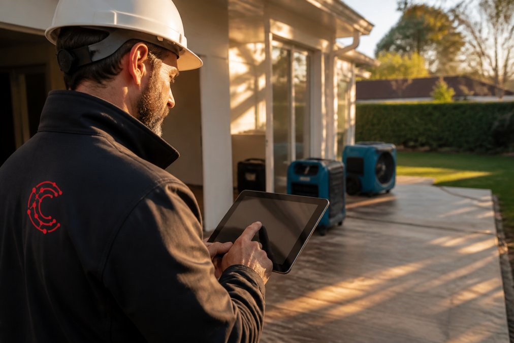 A restoration project manager in a hard hat reviewing real-time cost data on a tablet at a residential job site, dehumidifiers visible in the background, late afternoon light