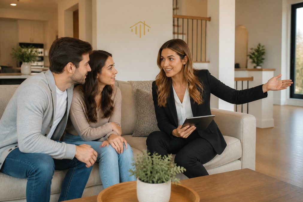 Professional real estate agent meeting with a young couple in a bright, modern living room during a property consultation, reviewing documents on a tablet while gesturing toward the room