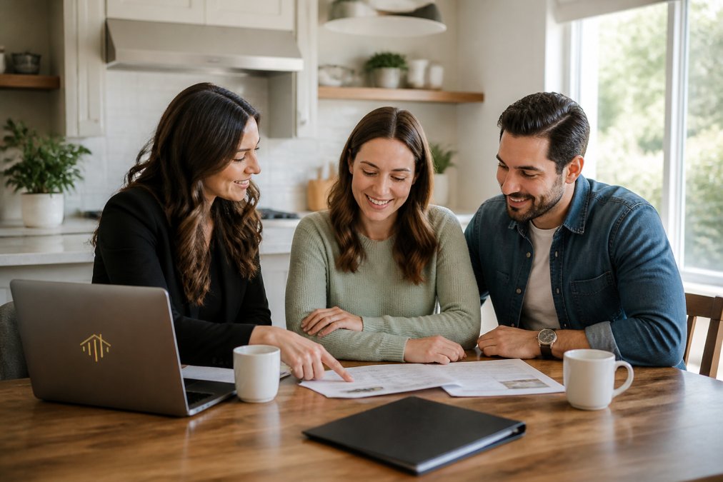First-time homebuyers and a professional realtor reviewing documents and discussing options at a kitchen table with coffee and a laptop nearby, natural daylight streaming through windows