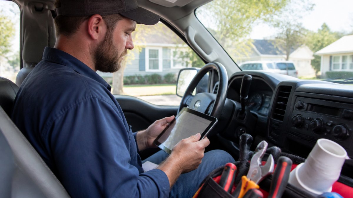 Plumber in a truck cab checking scheduling software to find the best realvoice alternatives for plumbers.