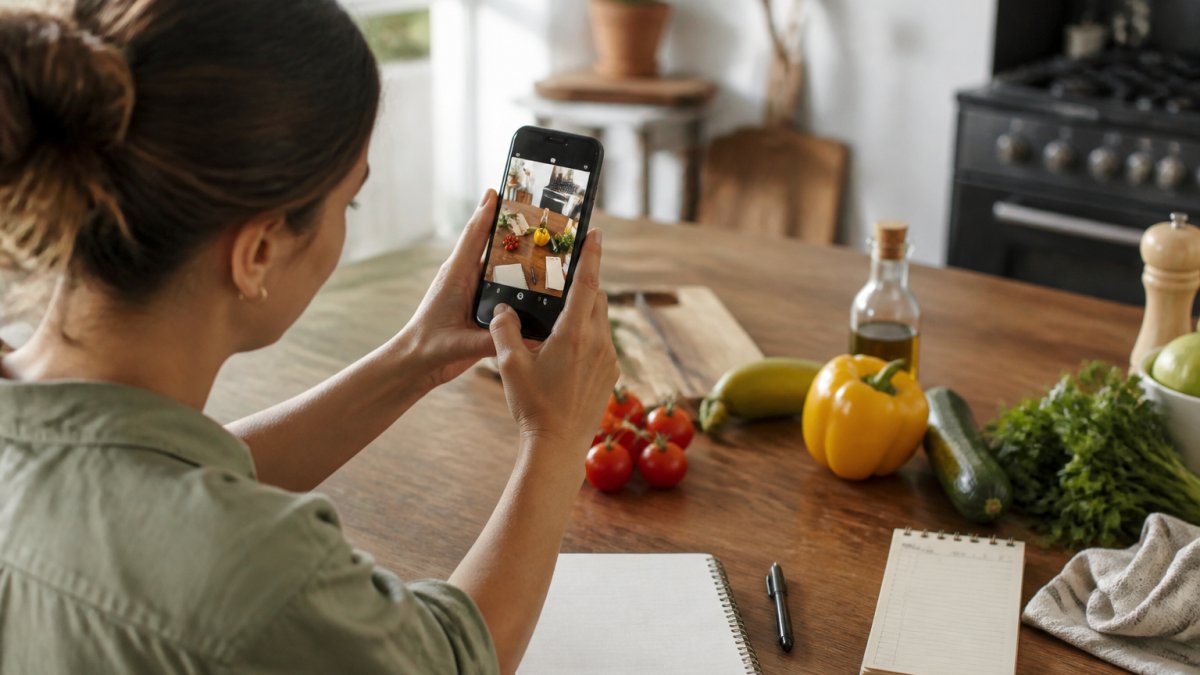 Person using a smartphone to capture a recipe from an Instagram post while sitting at a kitchen counter with fresh ingredients, a notepad, and a shopping list visible nearby, natural window lighting