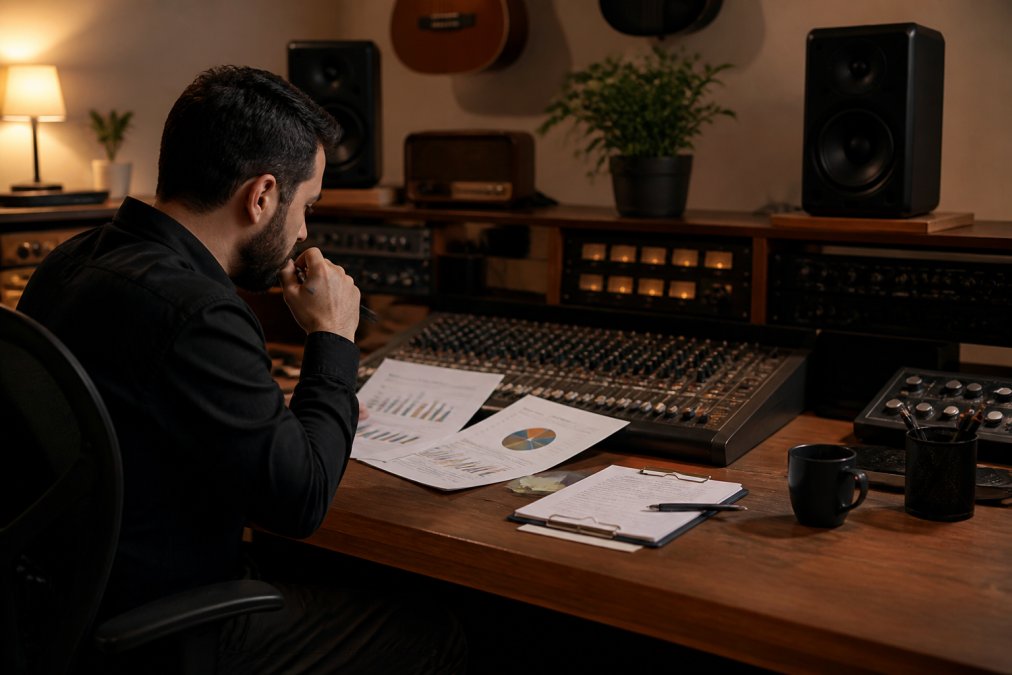 Music label manager reviewing detailed analytics dashboards and distribution reports on multiple monitors in a professional home studio workspace with warm lighting and music production equipment