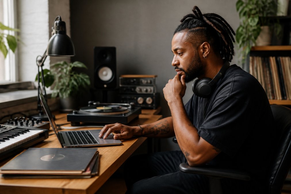 Independent label founder working at a professional desk with laptop, headphones around neck, music production equipment visible, reviewing analytics on screen in modern home studio setting