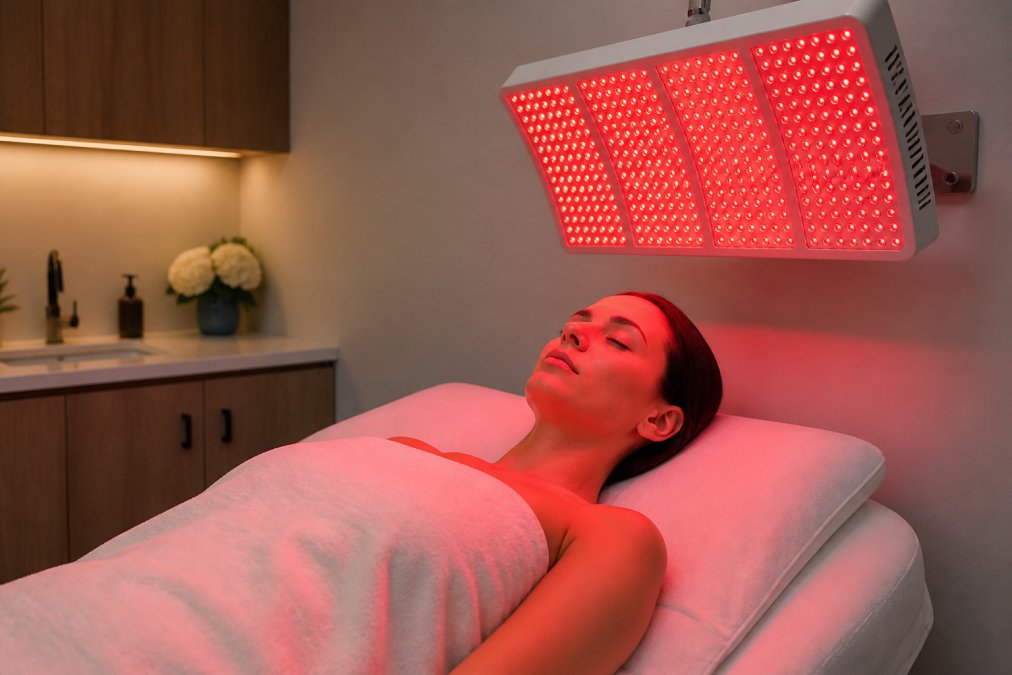 Professional med spa treatment room with red light therapy panel installed on wall above treatment bed, client relaxing during session with eyes closed, warm clinical lighting casting red glow across face and neck