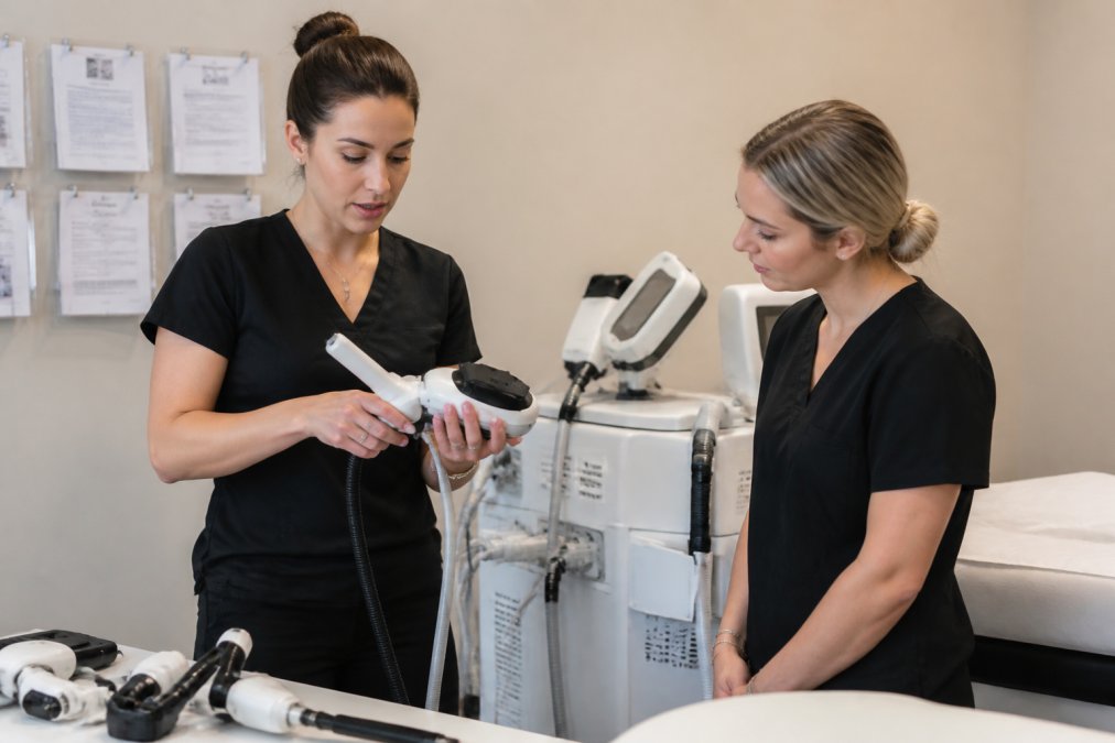 Med spa staff member in professional attire demonstrating equipment operation to colleague in clinical setting, with safety documentation and training materials visible on wall behind them, bright clinical lighting
