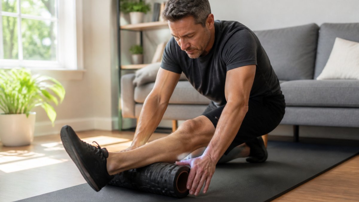 A person in their 40s kneeling on a yoga mat in a bright living room, pressing a foam roller along their quad with both hands, morning light through a window