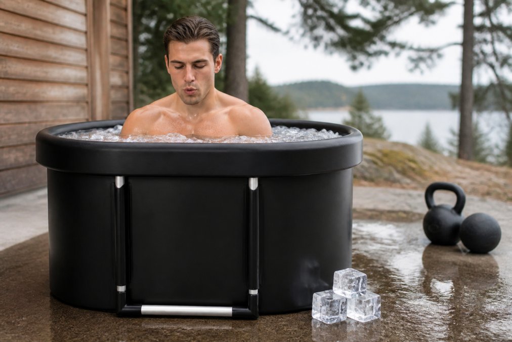 Athlete using a portable ice bath tub outdoors after a workout, demonstrating proper cold plunge immersion technique with focused posture and controlled breathing