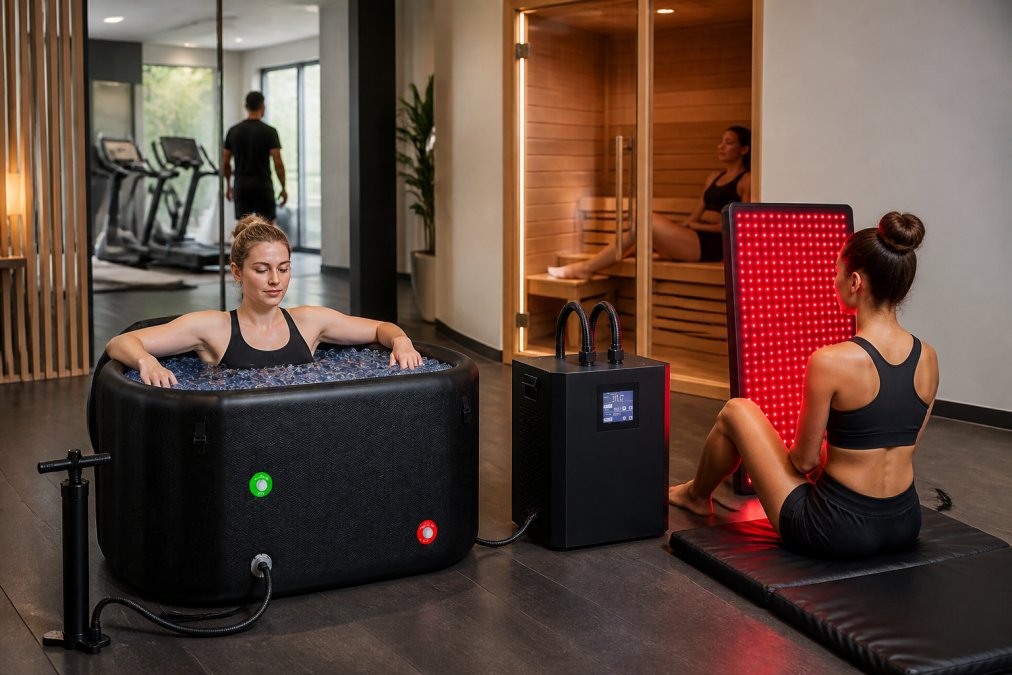 Modern boutique gym recovery lounge with a cold plunge tub, infrared sauna, and red light therapy station visible, with members actively using the equipment in a bright, clean environment with professional lighting and premium finishes