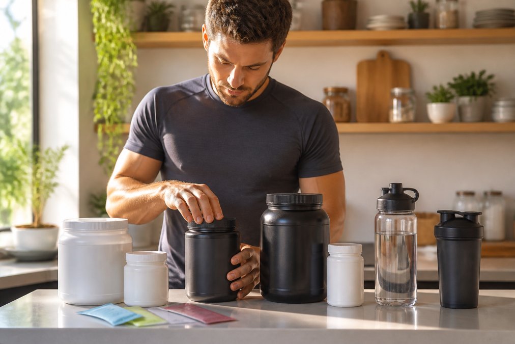 Fitness enthusiast arranging various supplement bottles, powder containers, and electrolyte packets on a clean kitchen counter with a water bottle and protein shaker, natural morning sunlight streaming through the window