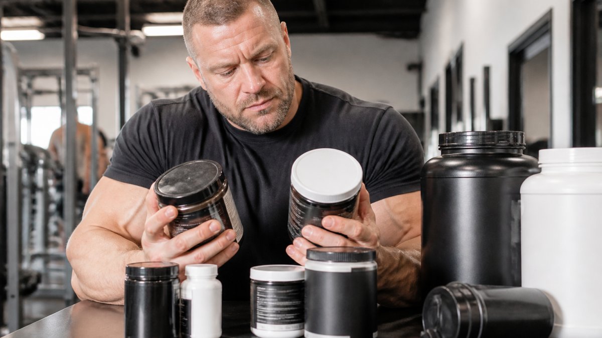 Muscular athlete in gym setting examining supplement bottles and protein powder containers on a table, focused expression with natural lighting