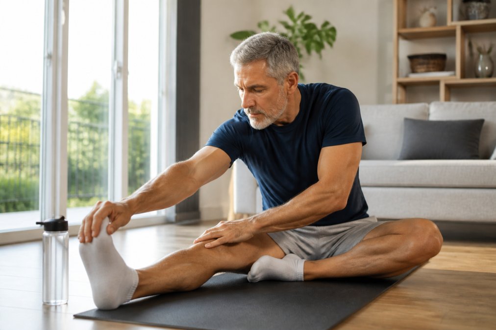 A fit adult in their 50s stretching on a yoga mat in a bright living room with morning light, water bottle nearby, calm and focused expression