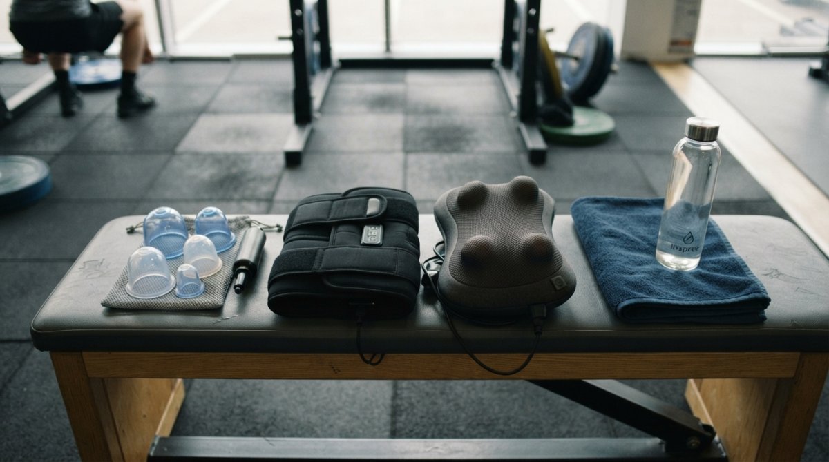 A flat lay of recovery tools including a silicone cupping set, a heated knee wrap and a massage pillow arranged neatly on a gym bench beside a folded towel and a water bottle