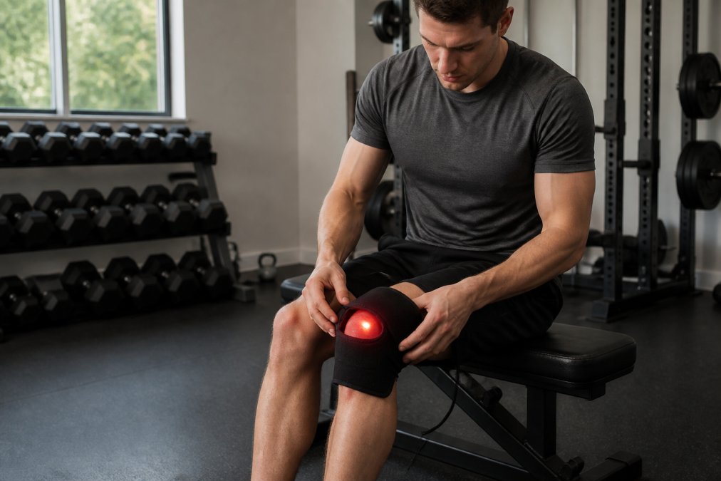 An athlete sitting on a gym bench applying a red light therapy wrap device to their knee, with soft red light glowing on the skin in a clean, well-lit home gym setting