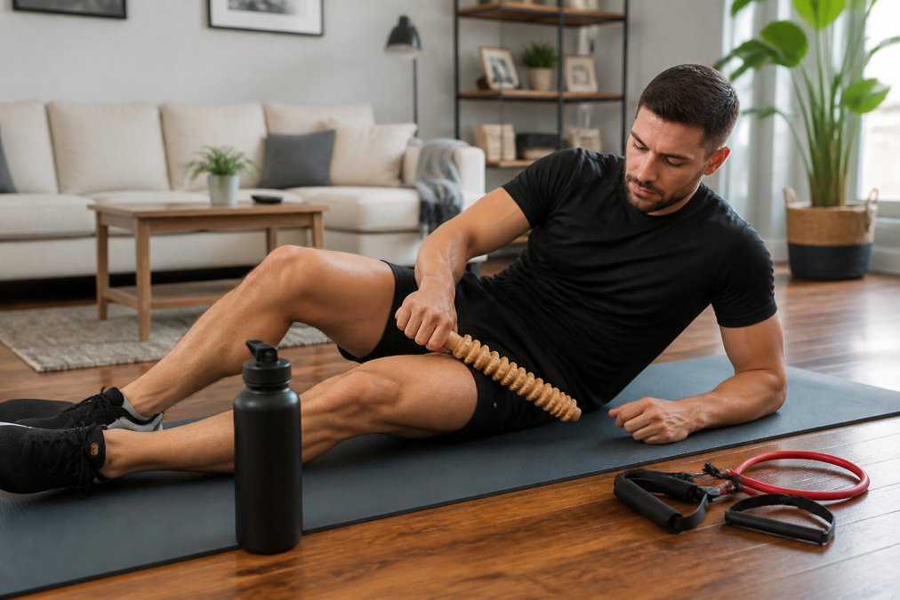 A fit adult lying on a yoga mat at home using a handheld massage stick on their thigh after a workout, with a water bottle and resistance bands nearby in a bright living room