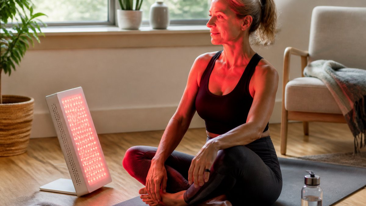 Person using a red light therapy lamp on a yoga mat to track their daily recovery progress with a smart ring