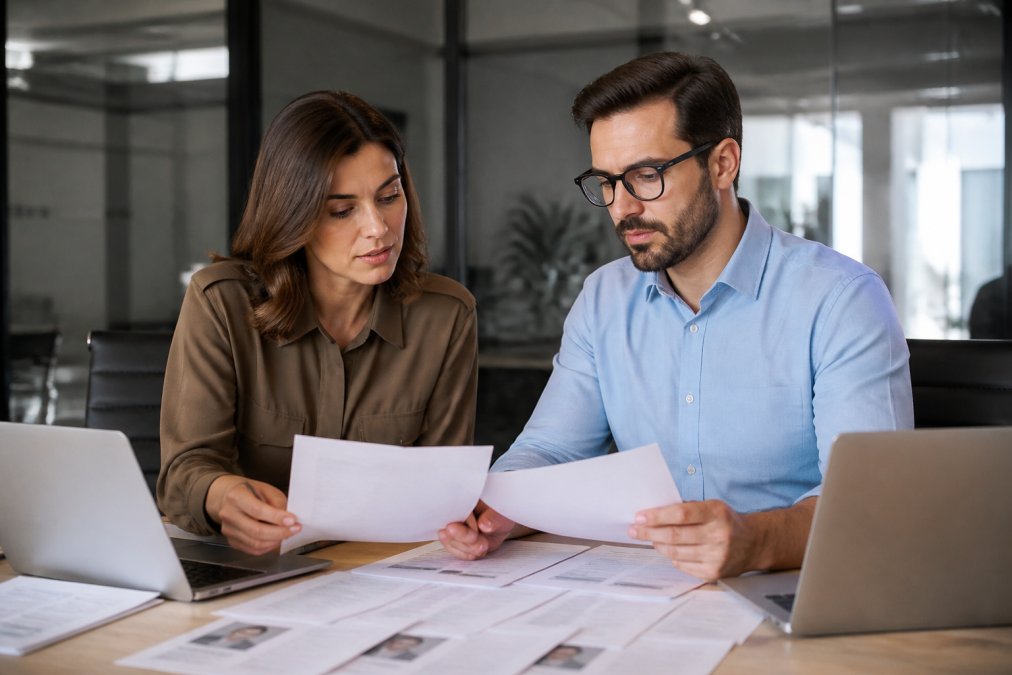Hiring manager and recruitment consultant reviewing candidate profiles together at a desk with laptops and documents, natural office lighting