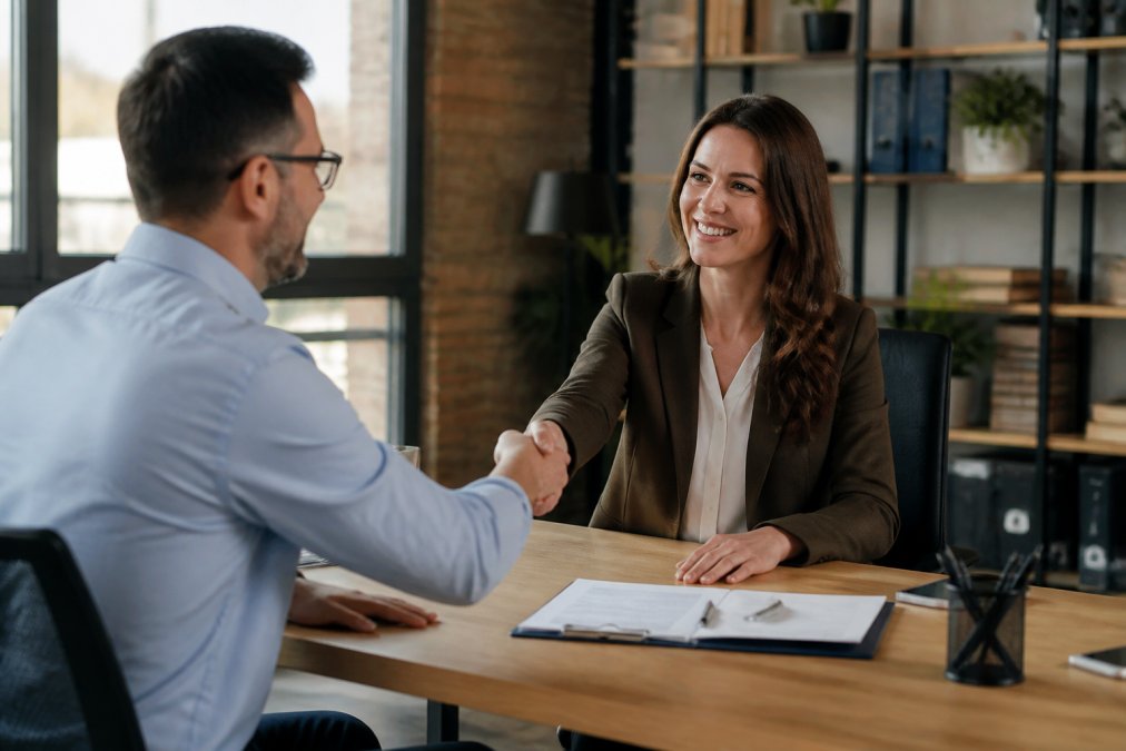 Small business owner in professional conversation with recruitment agency representative in modern office setting, shaking hands across desk