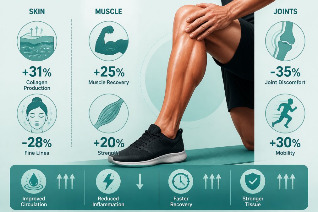 Close-up of athlete's leg muscles during stretching and recovery session after workout, showing healthy muscle definition and skin tone