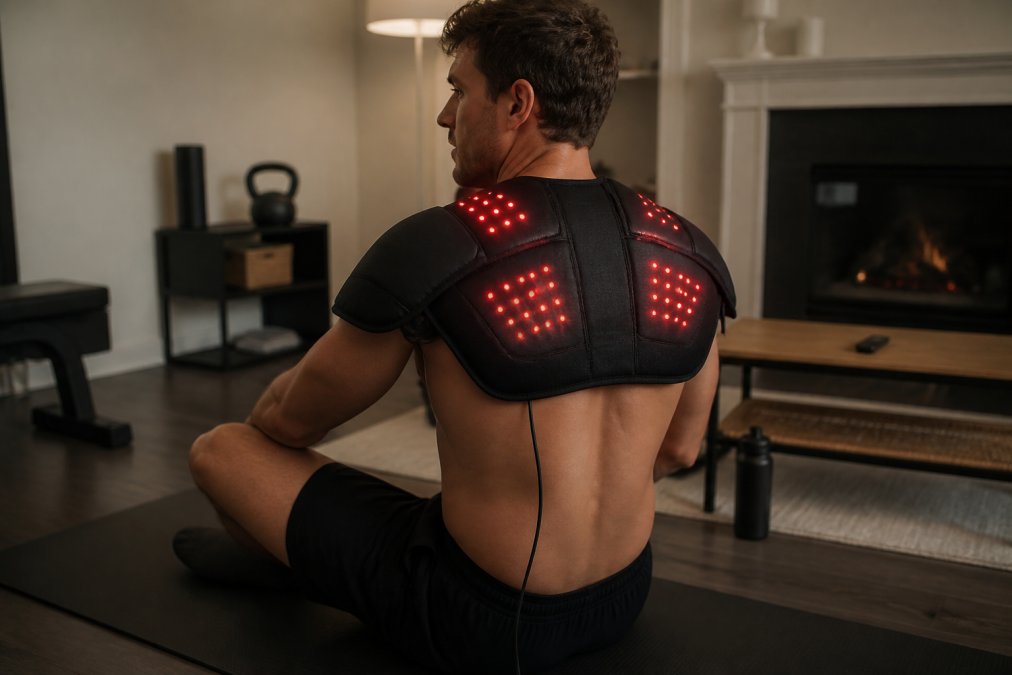 Athlete wearing a wearable red light therapy pad on their back and shoulders in a modern home recovery space, relaxed posture with warm ambient lighting