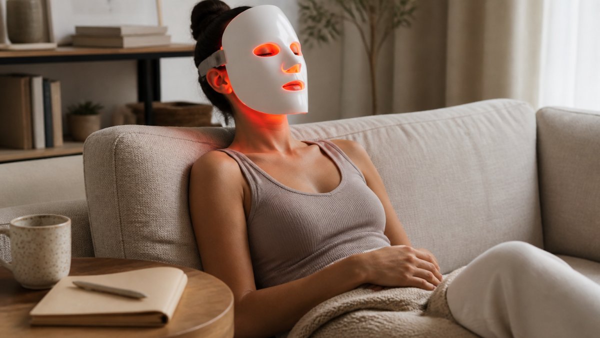 A person relaxing on a sofa in a softly lit living room wearing a cordless LED face mask, eyes closed, a small notebook and pen on the side table