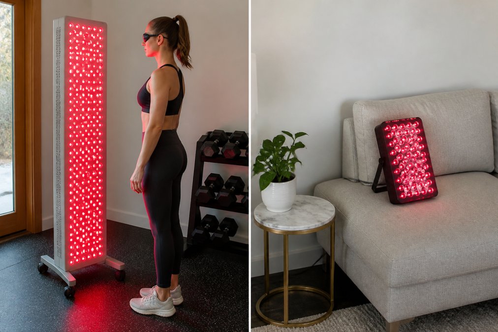 Person wearing protective goggles in front of full-body red light therapy panels in a home gym setting