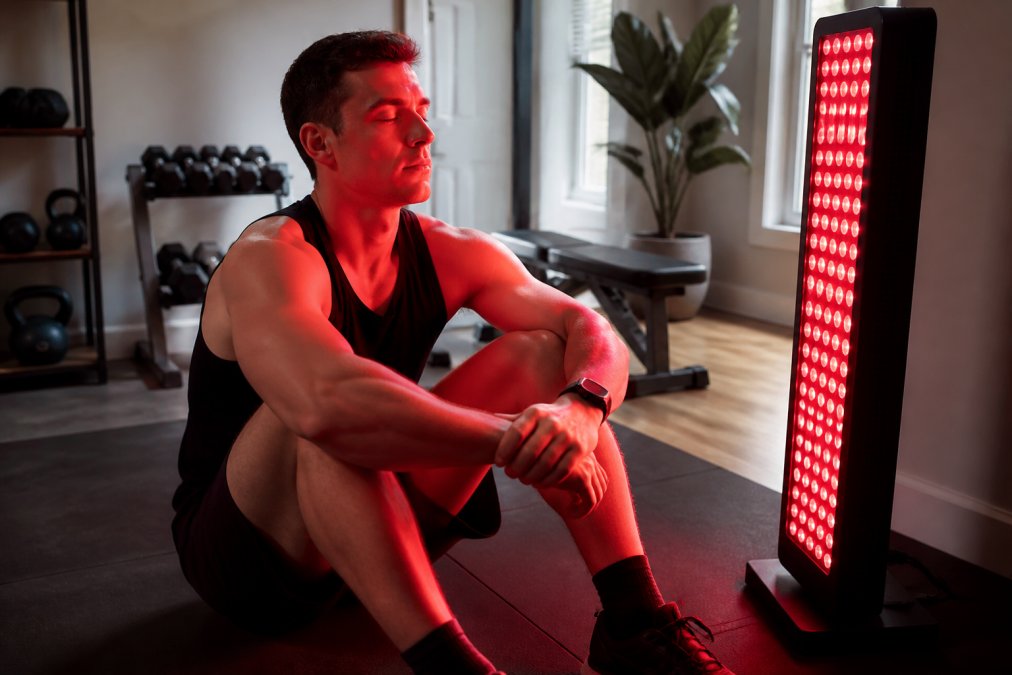 An athlete in athletic wear sitting close to a red light therapy panel in a bright home gym, eyes closed in a relaxed recovery pose, warm red glow illuminating their face and upper body