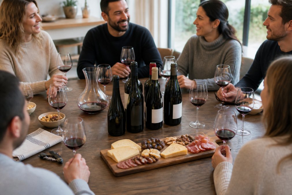 A group of friends gathered around a wooden table with several red wine bottles, glasses, and a cheese and charcuterie board, tasting and discussing wines in a warm, inviting home setting