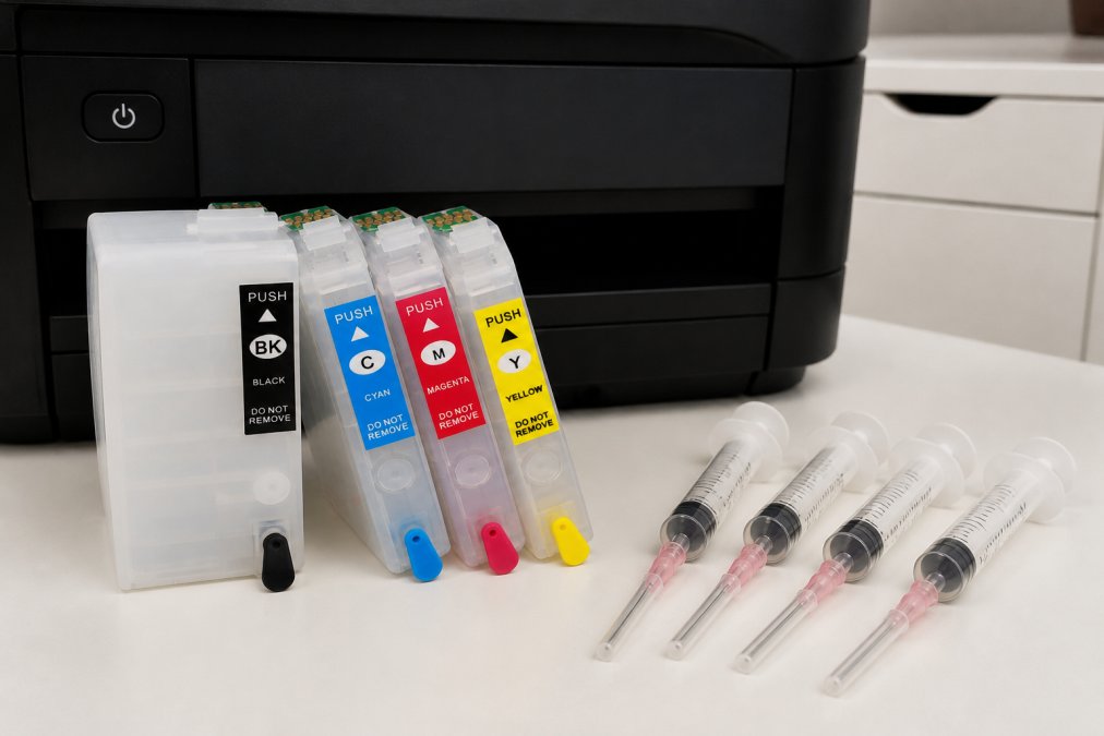 Close-up of a set of colorful refillable ink cartridges with syringes laid out on a clean white surface next to an Epson WorkForce printer, bright studio lighting