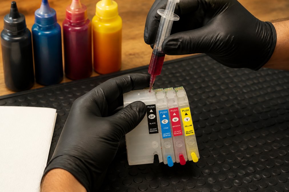 Hands carefully using a syringe to fill a refillable ink cartridge over a protective silicone mat, with labeled ink bottles visible in the background, warm workshop lighting
