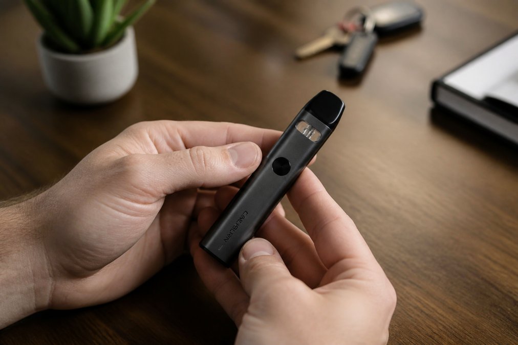 Close-up of hands holding the Caliburn UWELL A2 pod vape with a modern desk setup in background, showing the device's aluminum alloy design and compact form factor