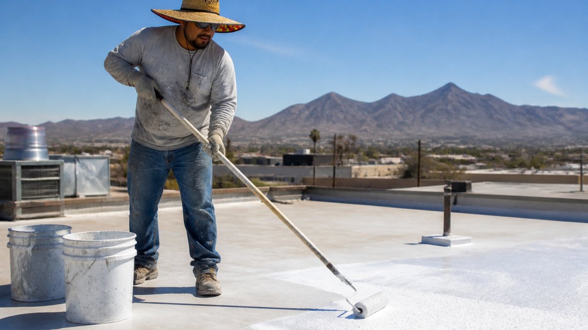 A roofing contractor in a wide-brim hat rolling bright white reflective coating across a flat commercial roof in the El Paso desert, coating buckets and a roller frame visible, harsh midday sun and distant Franklin Mountains in the background