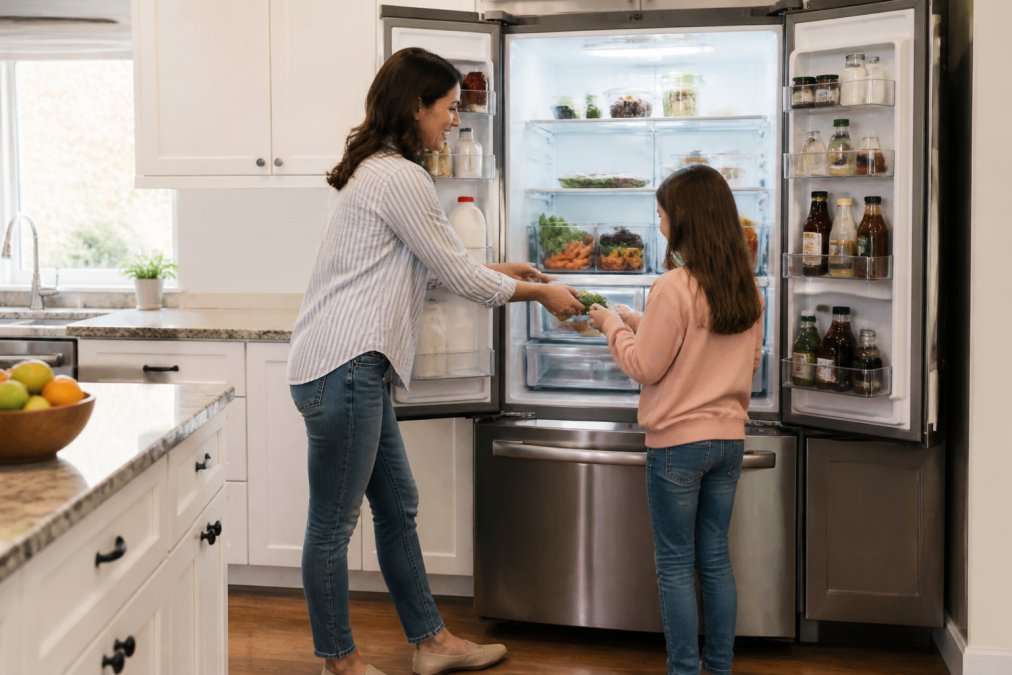 A family in a bright kitchen, with a parent and child organizing groceries into a French door refrigerator, fresh produce visible on shelves