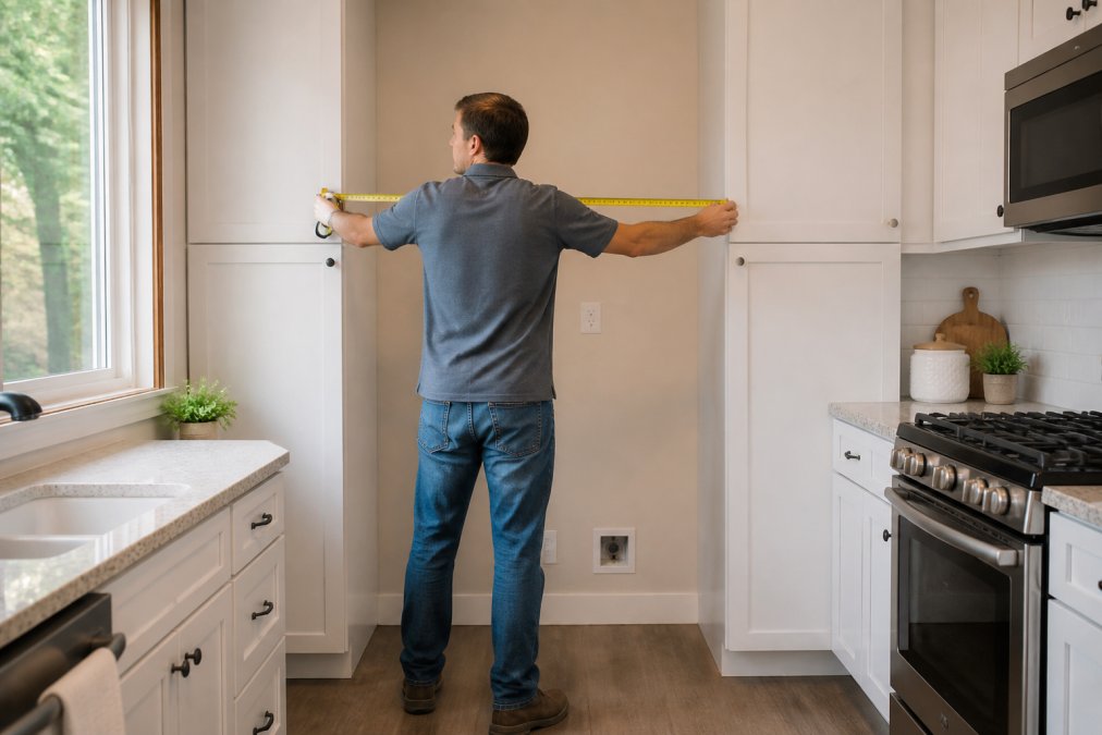 Person using a tape measure to check a narrow kitchen alcove for the best refrigerator styles for narrow kitchen layouts