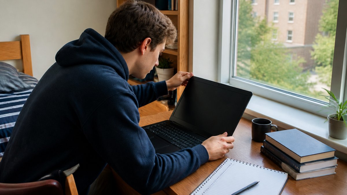 A college student setting up a refurbished laptop on a dorm desk with textbooks, a notebook, and a coffee mug nearby, natural window light