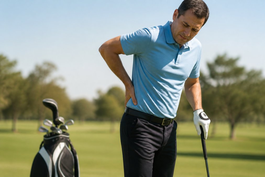 A middle-aged male golfer in athletic wear holding his lower back in discomfort on a sunny golf course, with a golf bag and driver visible in the background
