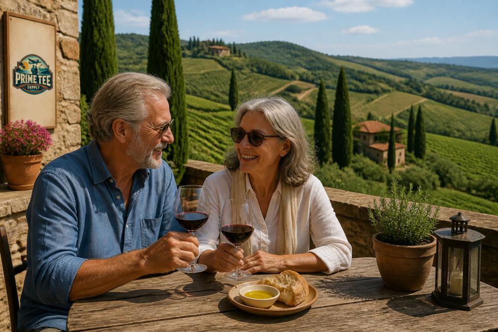 Infographic mapping the classic wine route through Tuscan vineyards, hill towns, and local Sangiovese production.