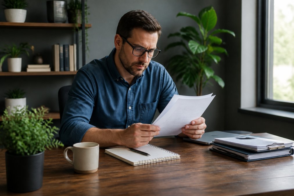 Business owner reviewing documents to maintain compliance with a registered agent service at a clean desk