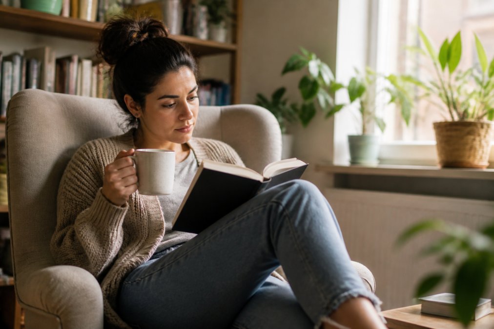 Woman in her 30s sitting in a comfortable reading space with a cup of tea, thoughtfully reading a relationship book, natural daylight from a window