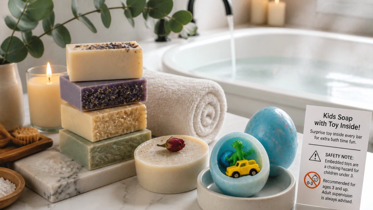 Serene bathroom scene with artisan bath soaps arranged on marble surface, steam rising from warm bathwater, soft candlelight, plush towels, and eucalyptus branches nearby