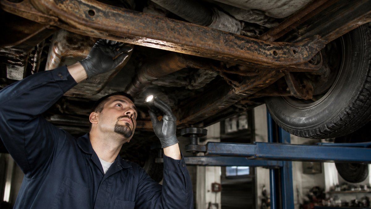 Mechanic using a flashlight to inspect the frame of reliable used trucks under 20k for rust and corrosion damage